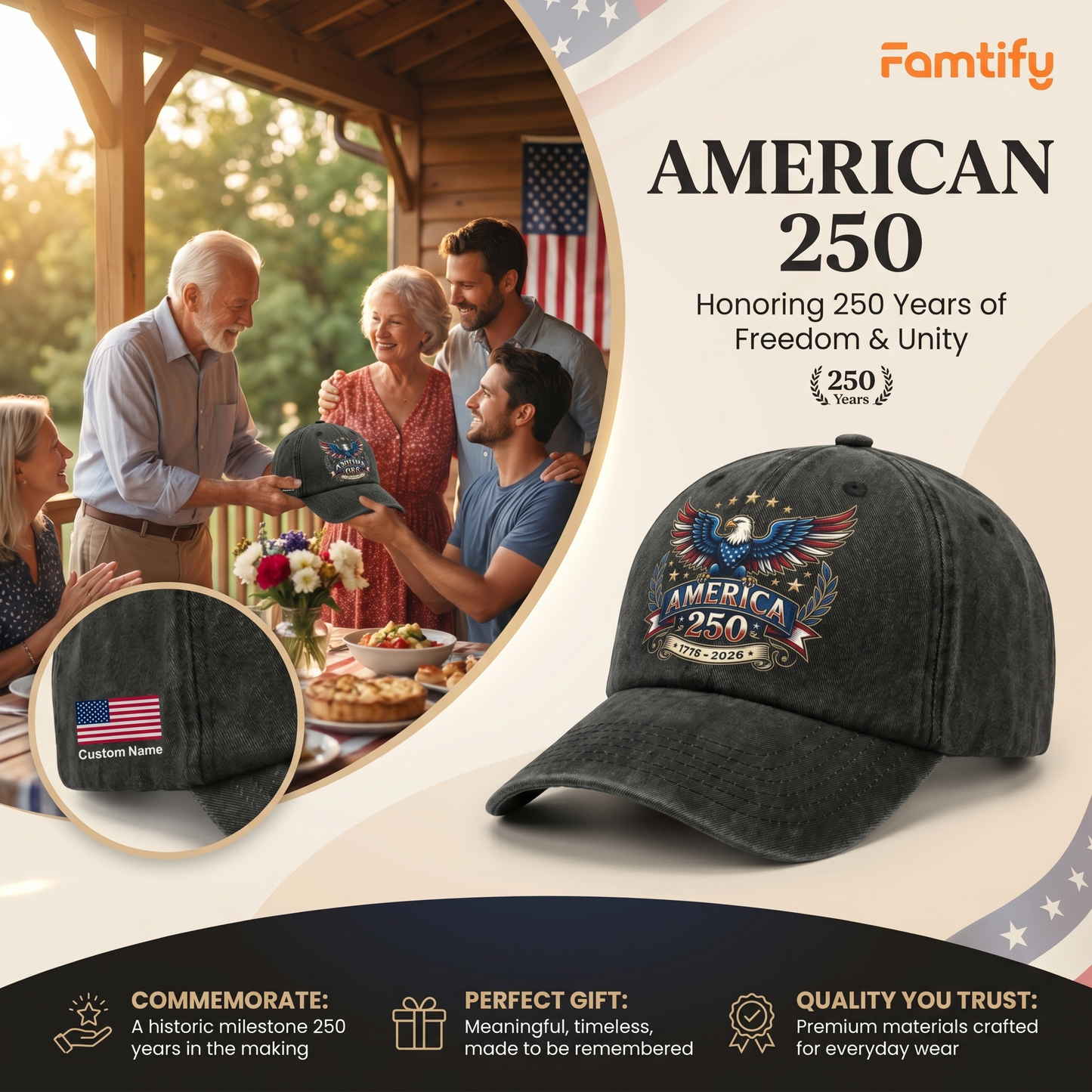 America 250 Washed Denim Baseball Cap – Personalized Eagle USA Patriotic Hat 1776–2026