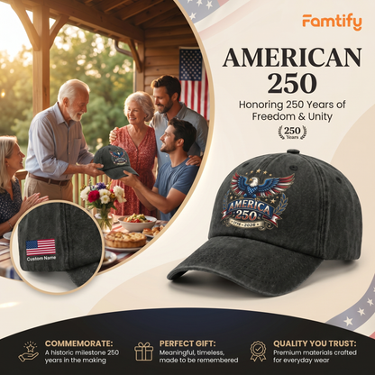 America 250 Washed Denim Baseball Cap – Personalized Eagle USA Patriotic Hat 1776–2026