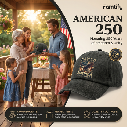 250 Years America Eagle Washed Denim Baseball Cap – Custom Name USA Patriotic Hat 1776–2026