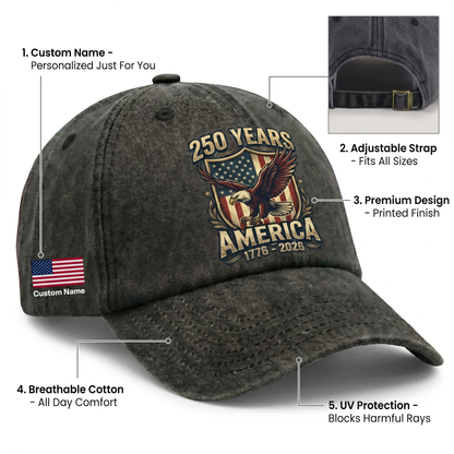 250 Years America Eagle Washed Denim Baseball Cap – Custom Name USA Patriotic Hat 1776–2026