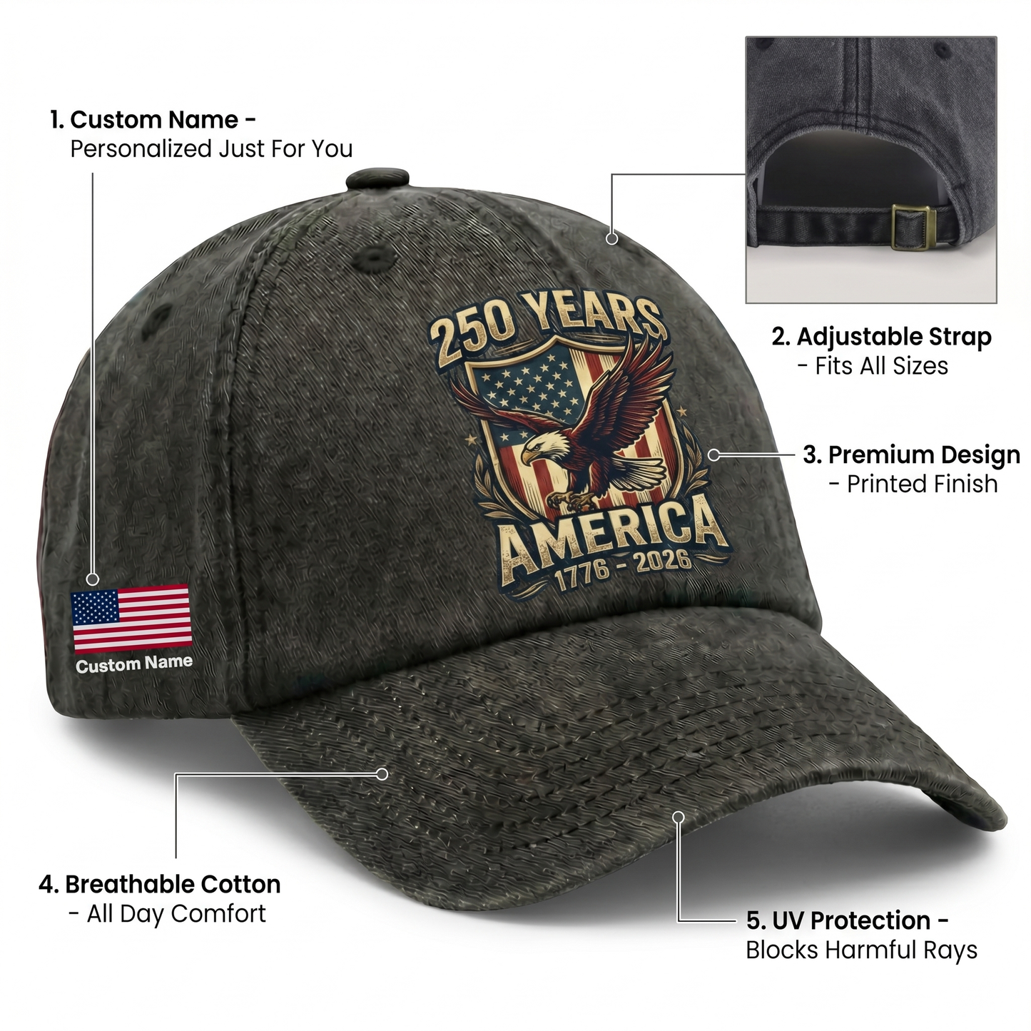 America 250 Years Anniversary Eagle US Flag Washed Denim Cap – Personalized Independence Day Gift
