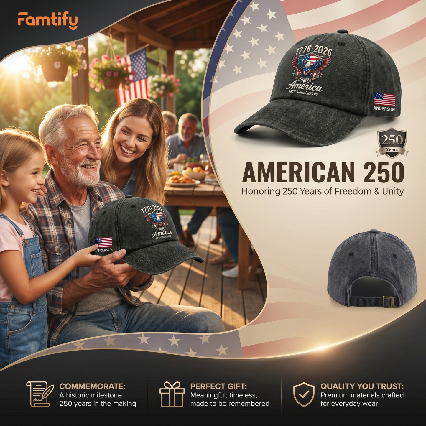 America 250 Years Anniversary Eagle US Flag Washed Denim Cap – Personalized Independence Day Gift