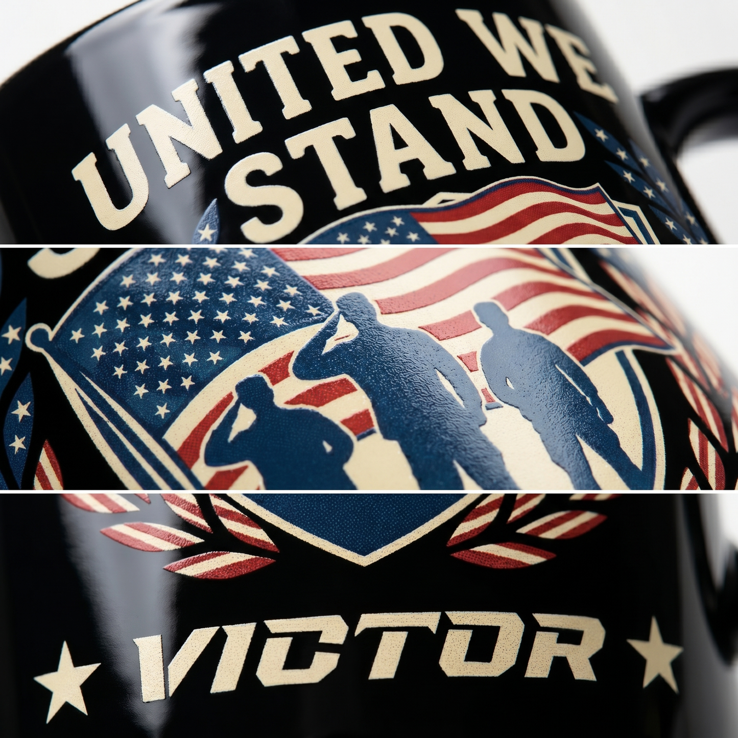 United We Stand Patriotic Veteran Black Mug – Personalized USA Military Tribute Mug