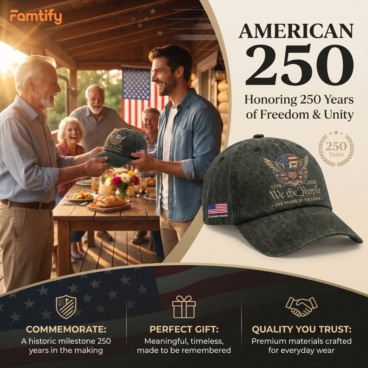 America 250th Celebration “We The People” Washed Denim Cap – Custom Name Independence Day Gift