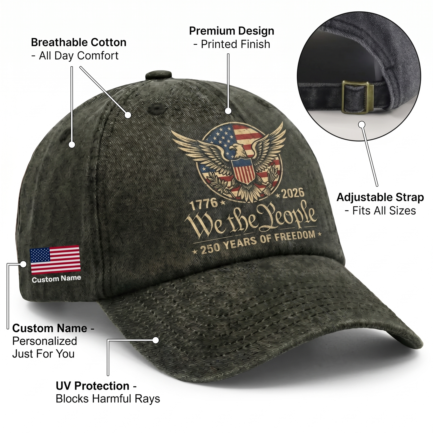 America 250th Celebration “We The People” Washed Denim Cap – Custom Name Independence Day Gift