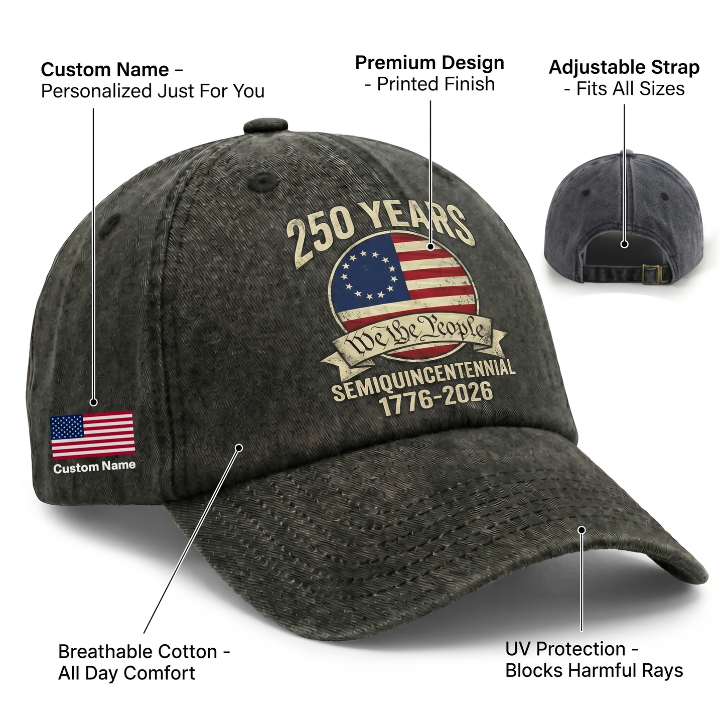 America 250th Anniversary Washed Denim Cap – Custom Name