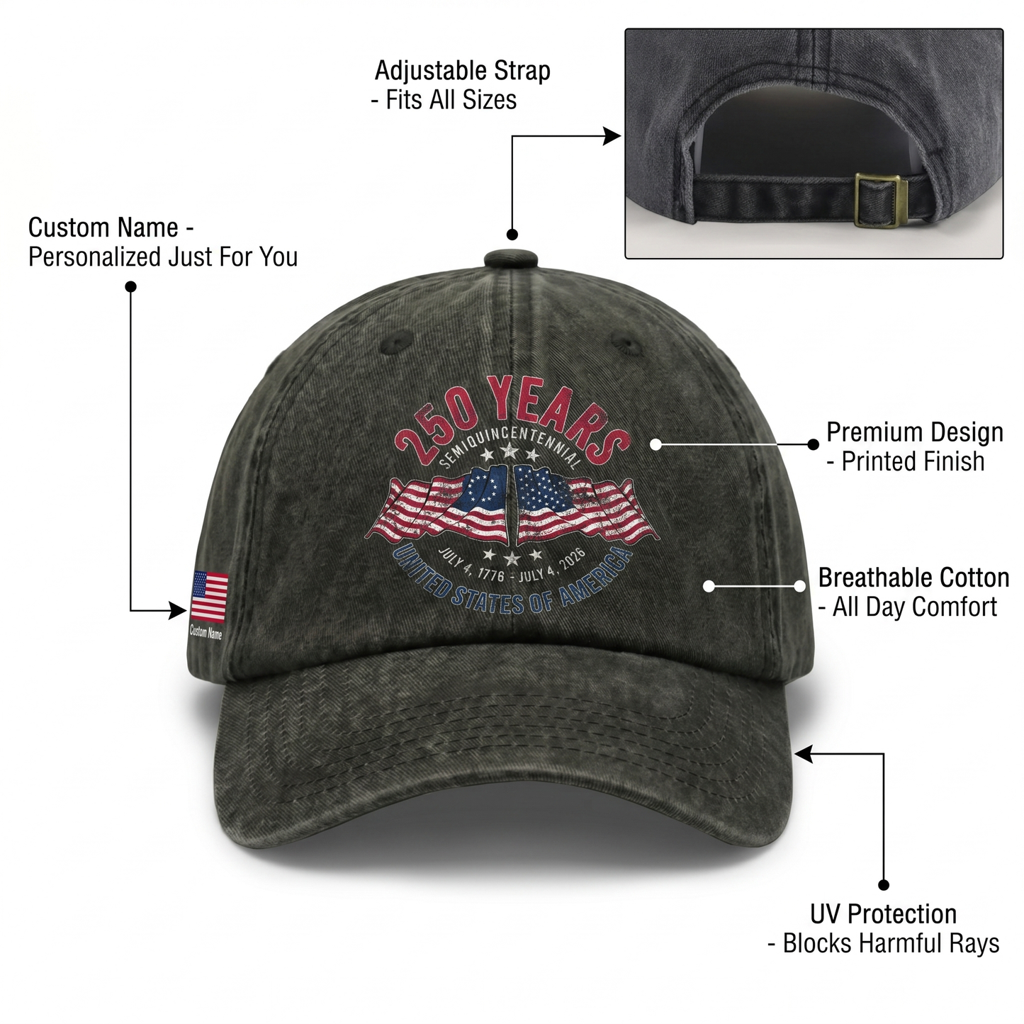 USA Semiquincentennial 250 Years Denim Cap 2026 – Personalized Independence Day Gift