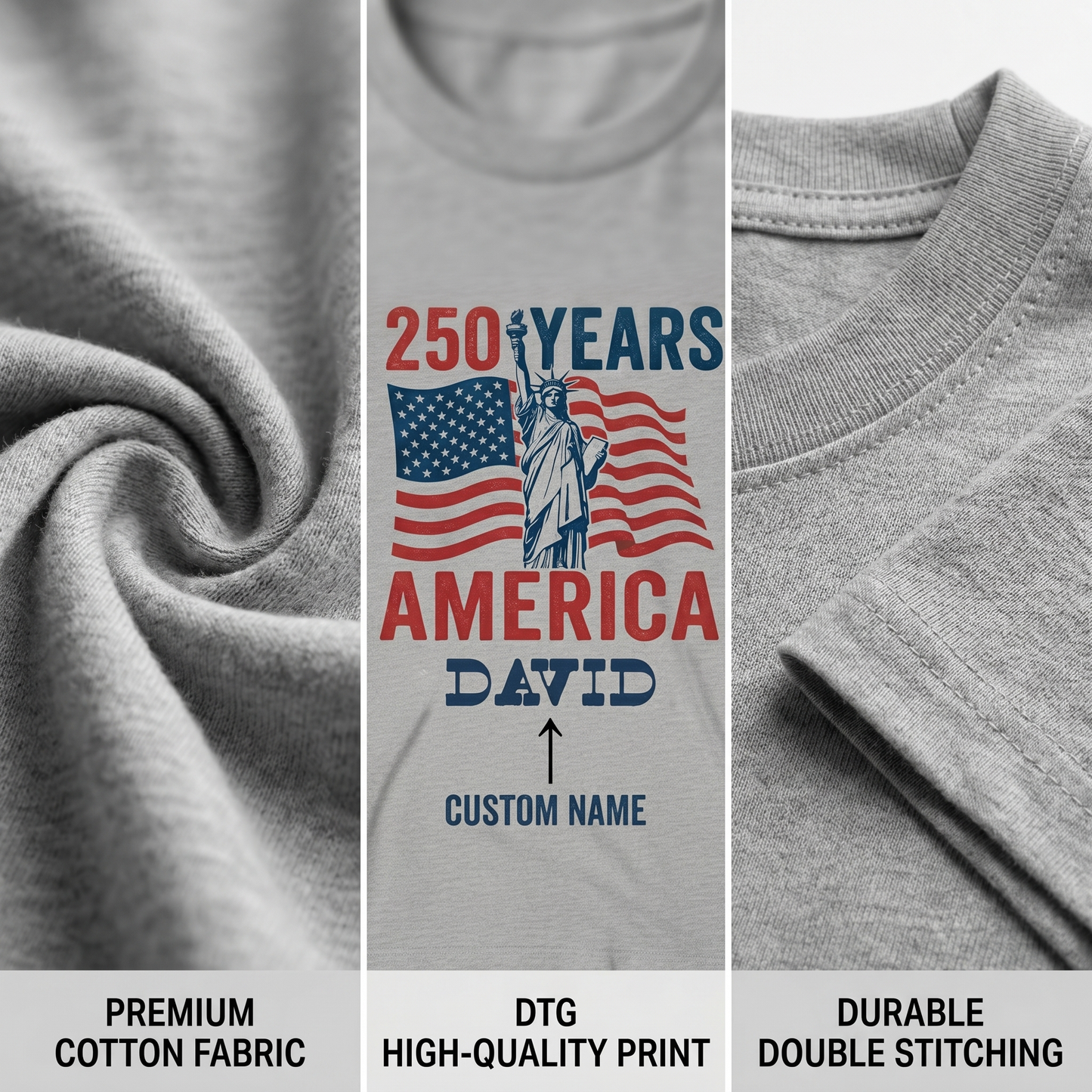 Personalized USA 250 Years America T-Shirt – 1776–2026 Patriotic Statue of Liberty Custom Name Shirt