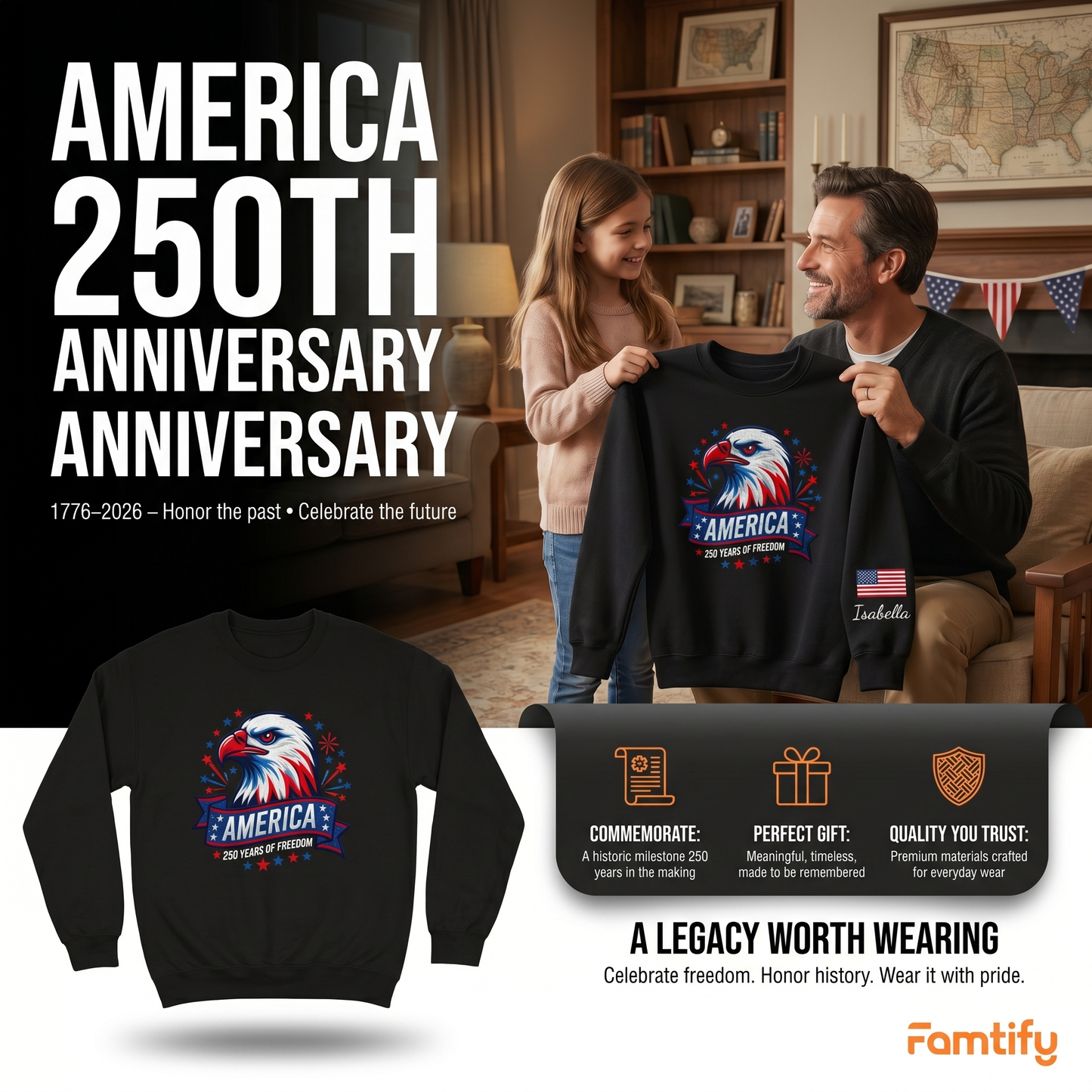 USA 250 Years Strong – Personalized Embroidered Sweatshirt Patriotic Semiquincentennial Gift
