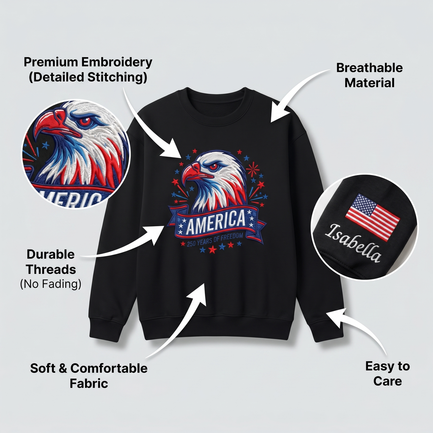 USA 250 Years Strong – Personalized Embroidered Sweatshirt Patriotic Semiquincentennial Gift