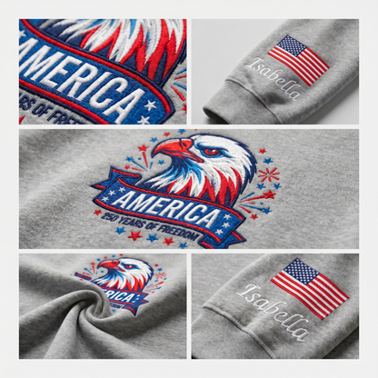 USA 250 Years Strong – Personalized Embroidered Sweatshirt Patriotic Semiquincentennial Gift