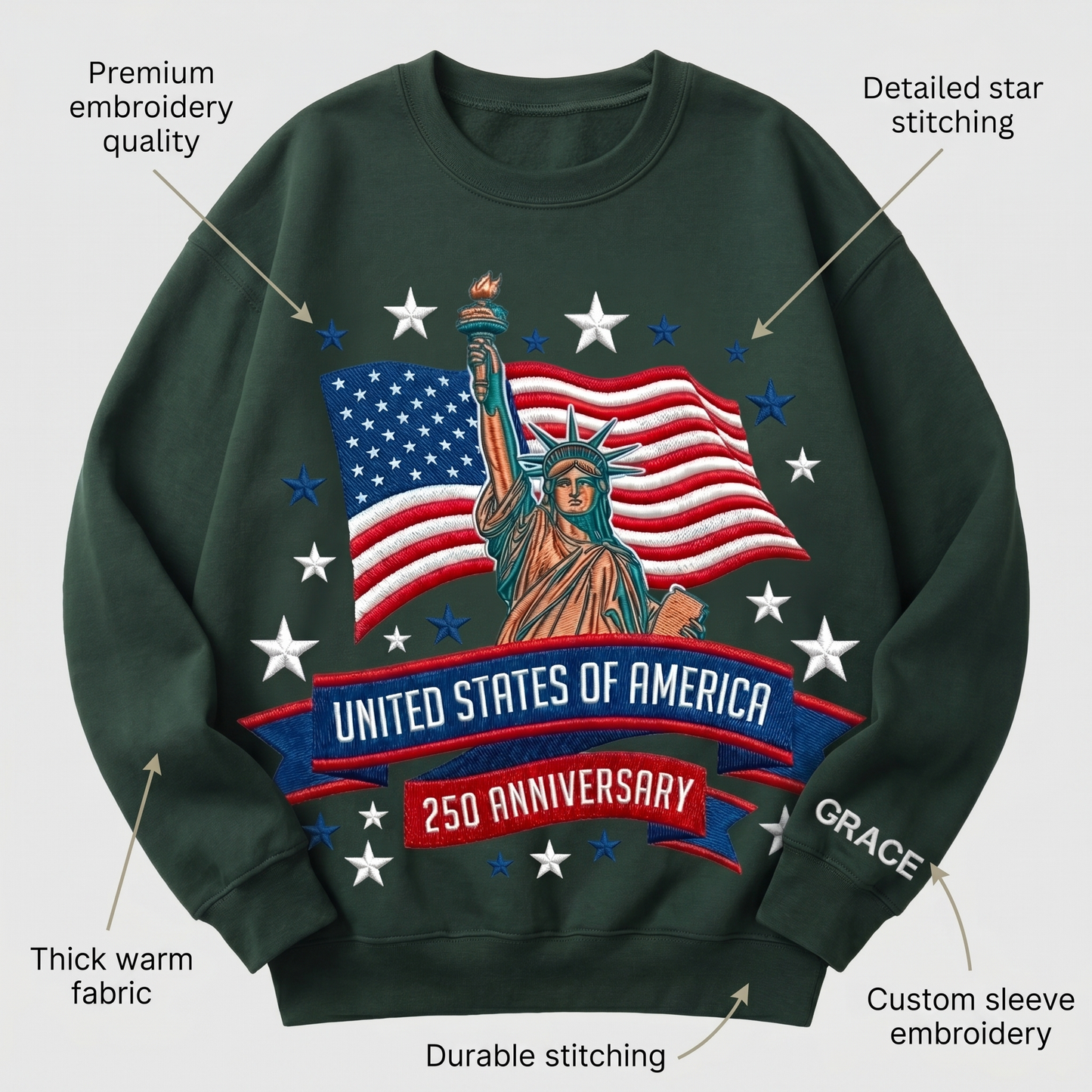 USA 250 Years 1776–2026 – Personalized Embroidered Patriotic Sweatshirt