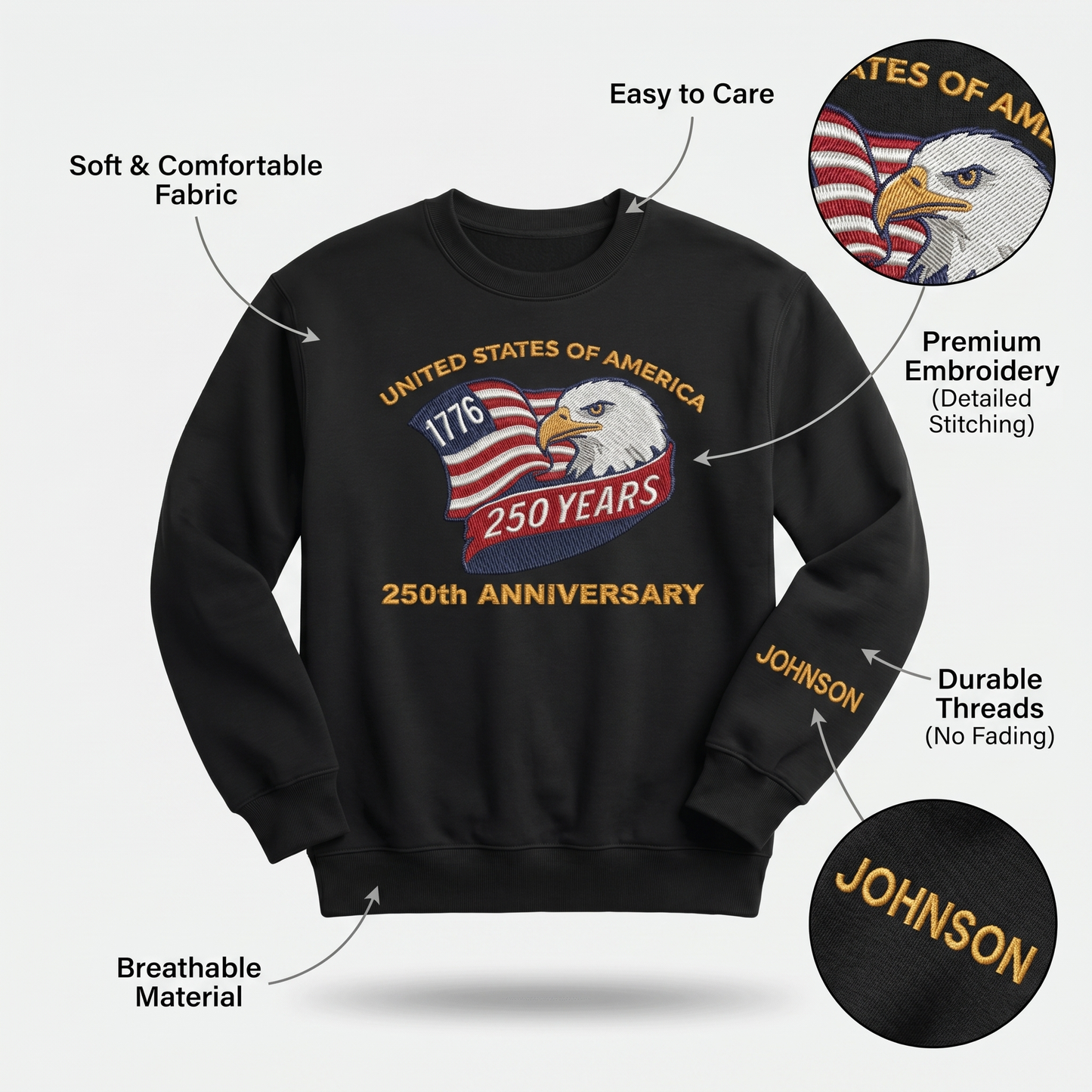 USA 250th Anniversary Eagle Crest - Personalized Veteran Pride Sweatshirt - 1776–2026 Patriotic Gift