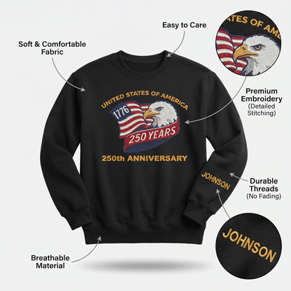 USA 250th Anniversary Eagle Crest - Personalized Veteran Pride Sweatshirt - 1776–2026 Patriotic Gift