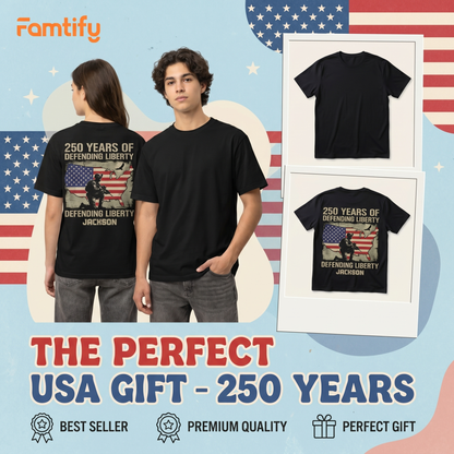 250 Years of Defending Liberty Shirt – Patriotic Soldier USA Flag 4th of July 2026 Personalized Back Tee