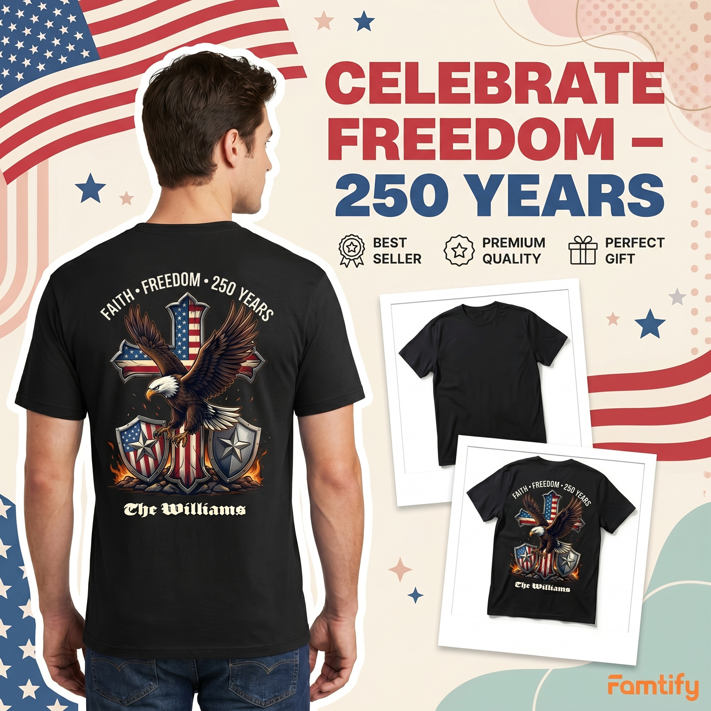 250 Years of Freedom Shirt 1776–2026 – Patriotic Eagle Cross Faith USA T-Shirt Personalized Name Tee