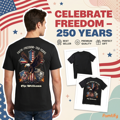 250 Years of Freedom Shirt 1776–2026 – Patriotic Eagle Cross Faith USA T-Shirt Personalized Name Tee