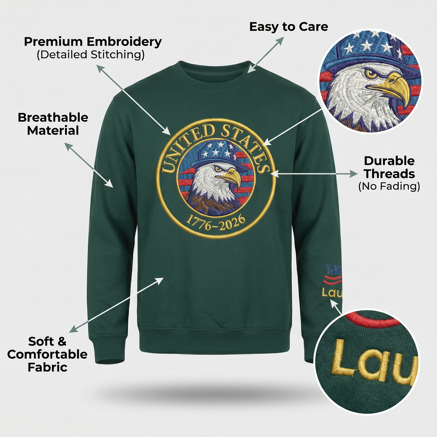 United States 250 Years Strong - Patriotic 4th of July Embroidered Sweatshirt (1776-2026)