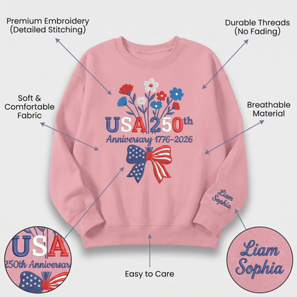 1776-2026 America 250 Years Floral Sweatshirt - Embroidered Patriotic Celebration Pullover
