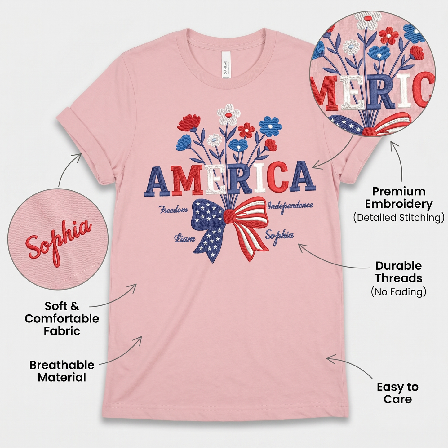 USA 250 Years Strong Floral T-Shirt - Embroidered Independence Day Tee (1776-2026)