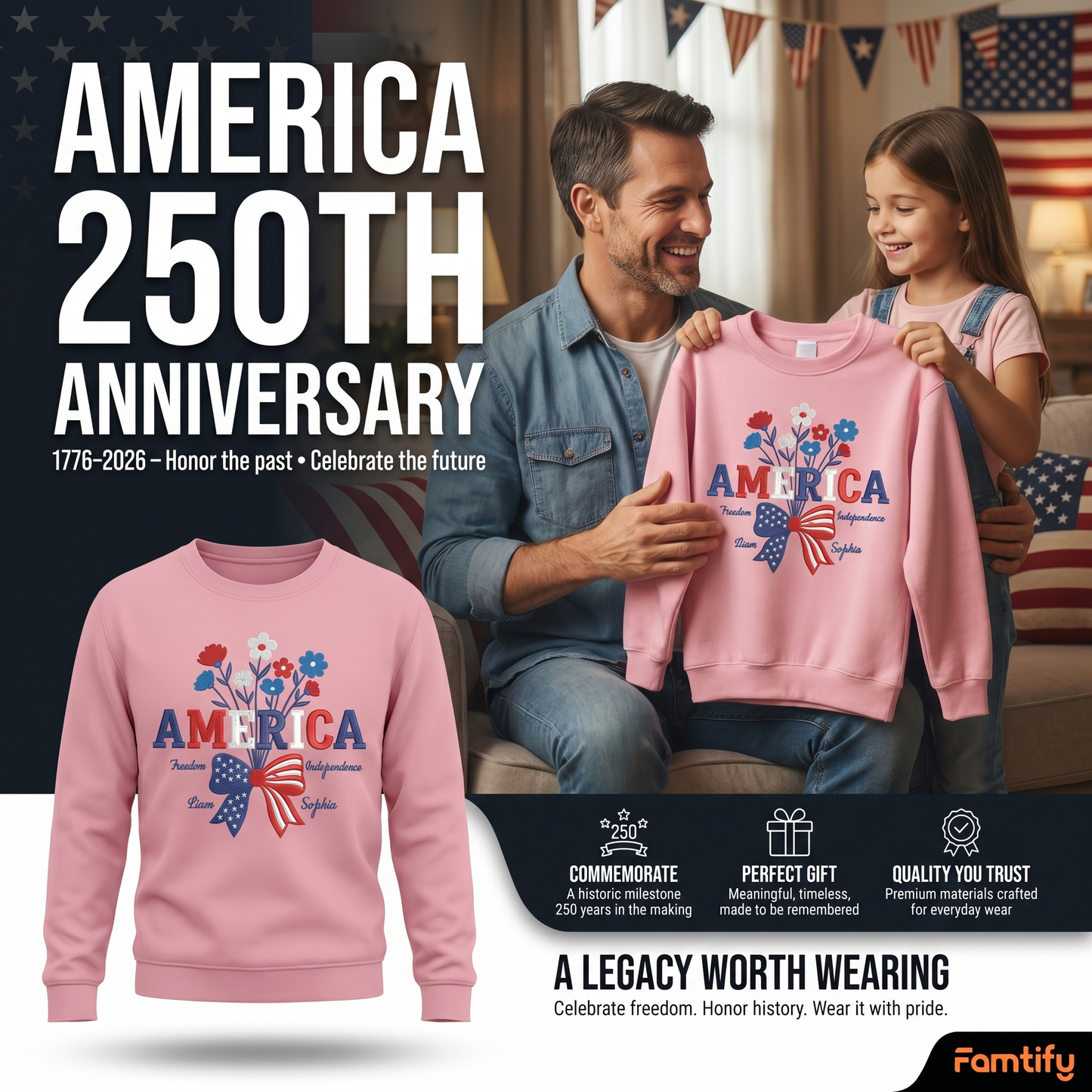 1776-2026 America 250 Years Floral Sweatshirt - Embroidered Patriotic Celebration Pullover