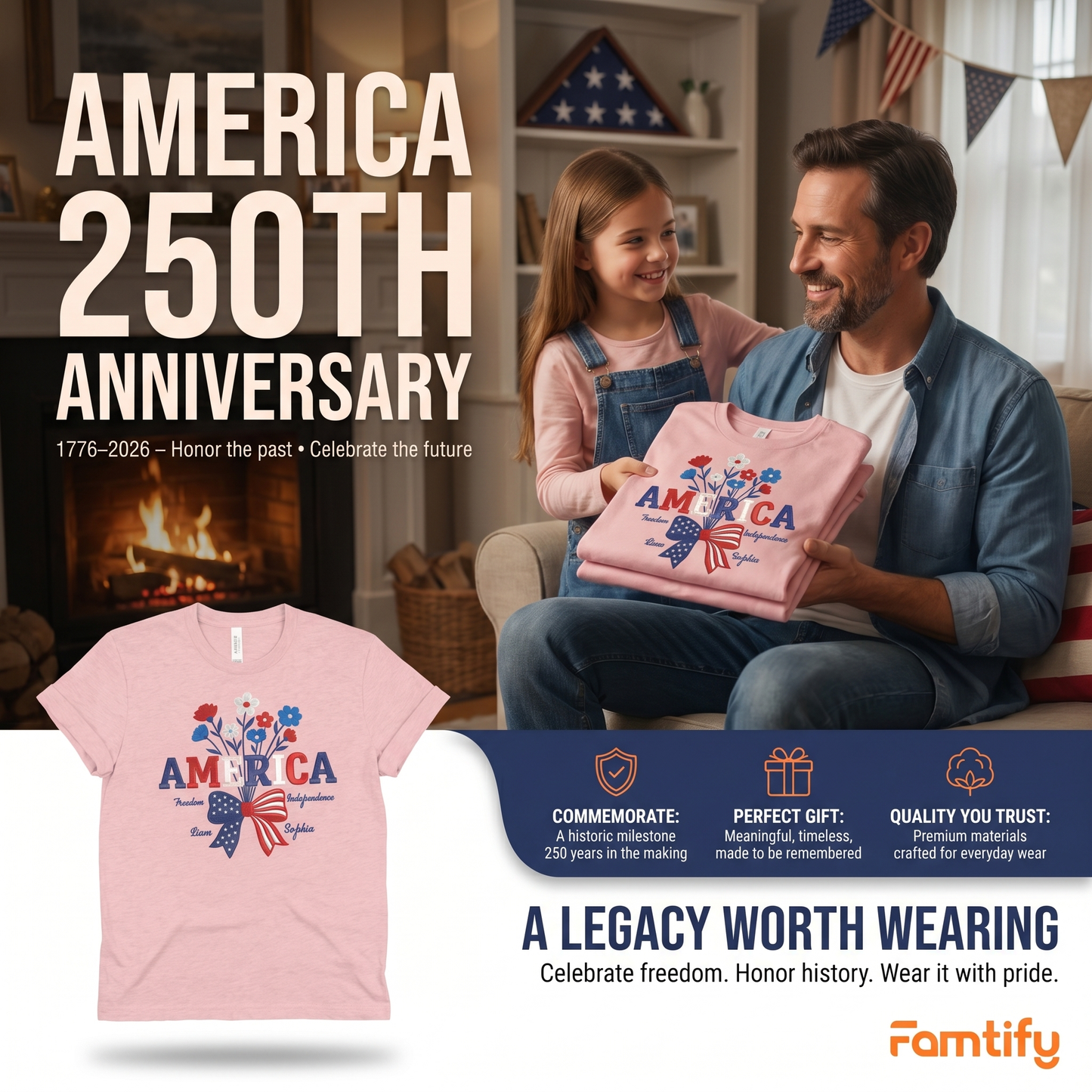 USA 250 Years Strong Floral T-Shirt - Embroidered Independence Day Tee (1776-2026)