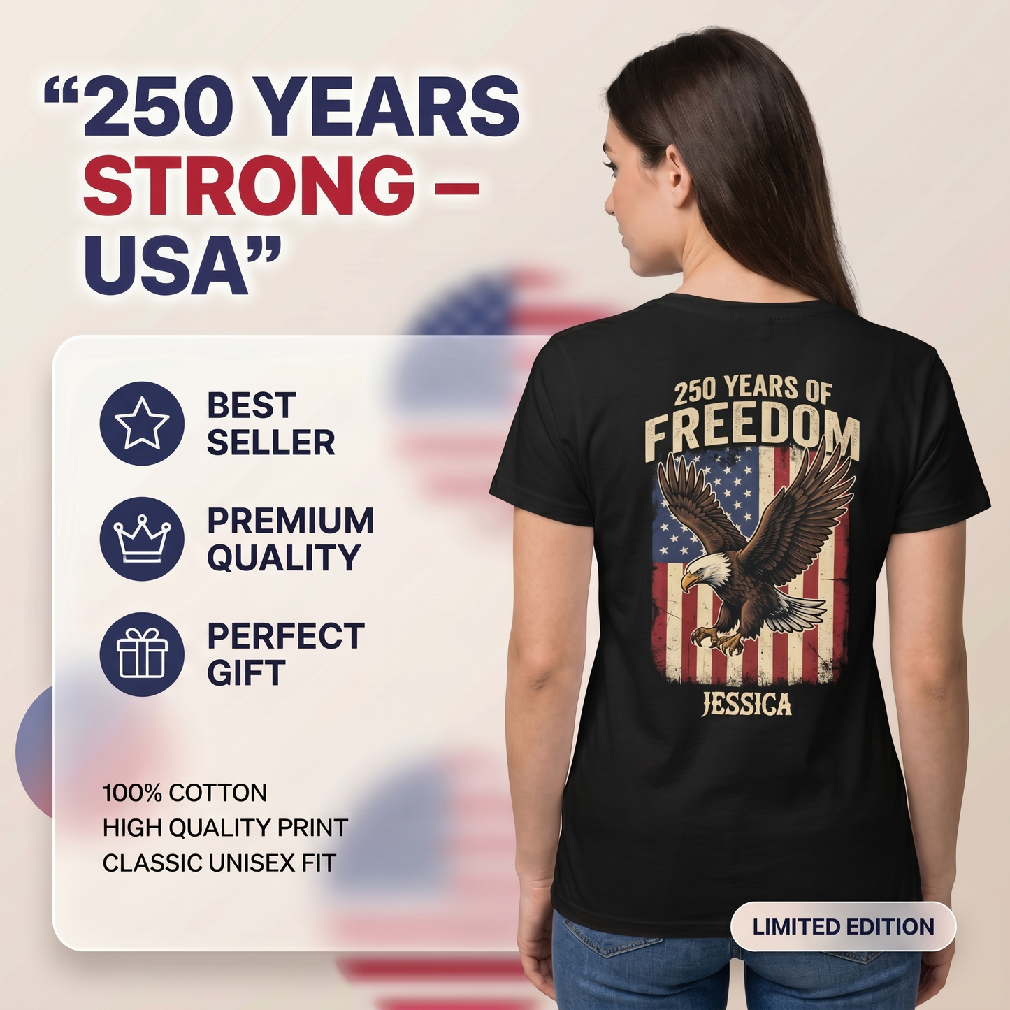 250 Years of Freedom Eagle Shirt 1776–2026 – Patriotic USA Flag Back Print Personalized Name Tee