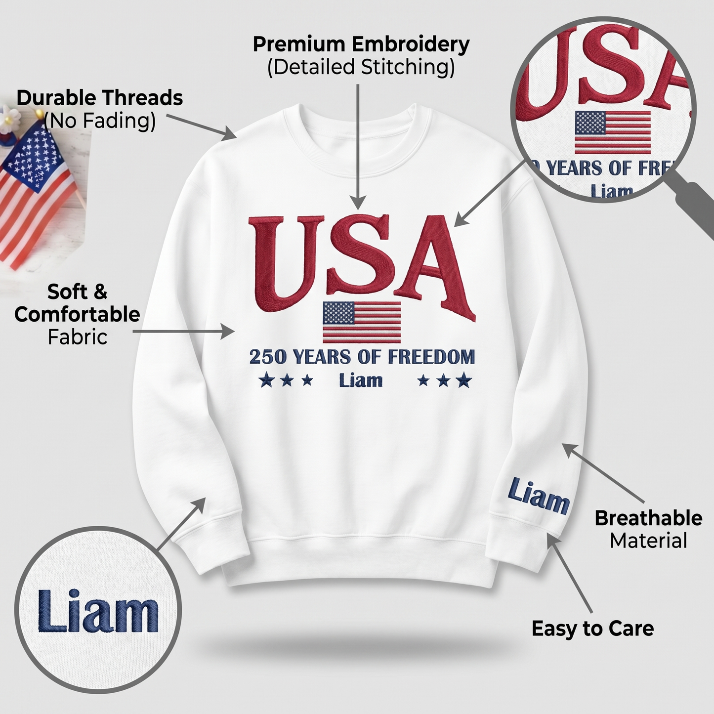 USA 250th Anniversary Embroidered Sweatshirt - Celebrate Freedom Patriotic Gift