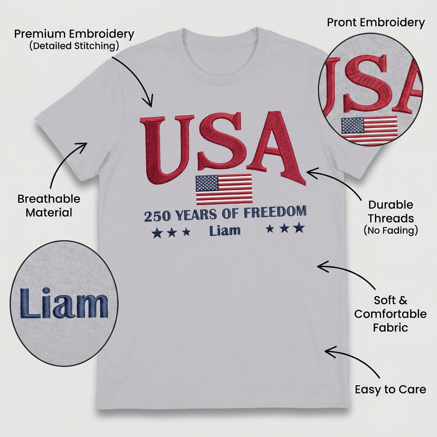 USA 250th Anniversary Embroidered T-Shirt - Celebrate Freedom Patriotic Gift