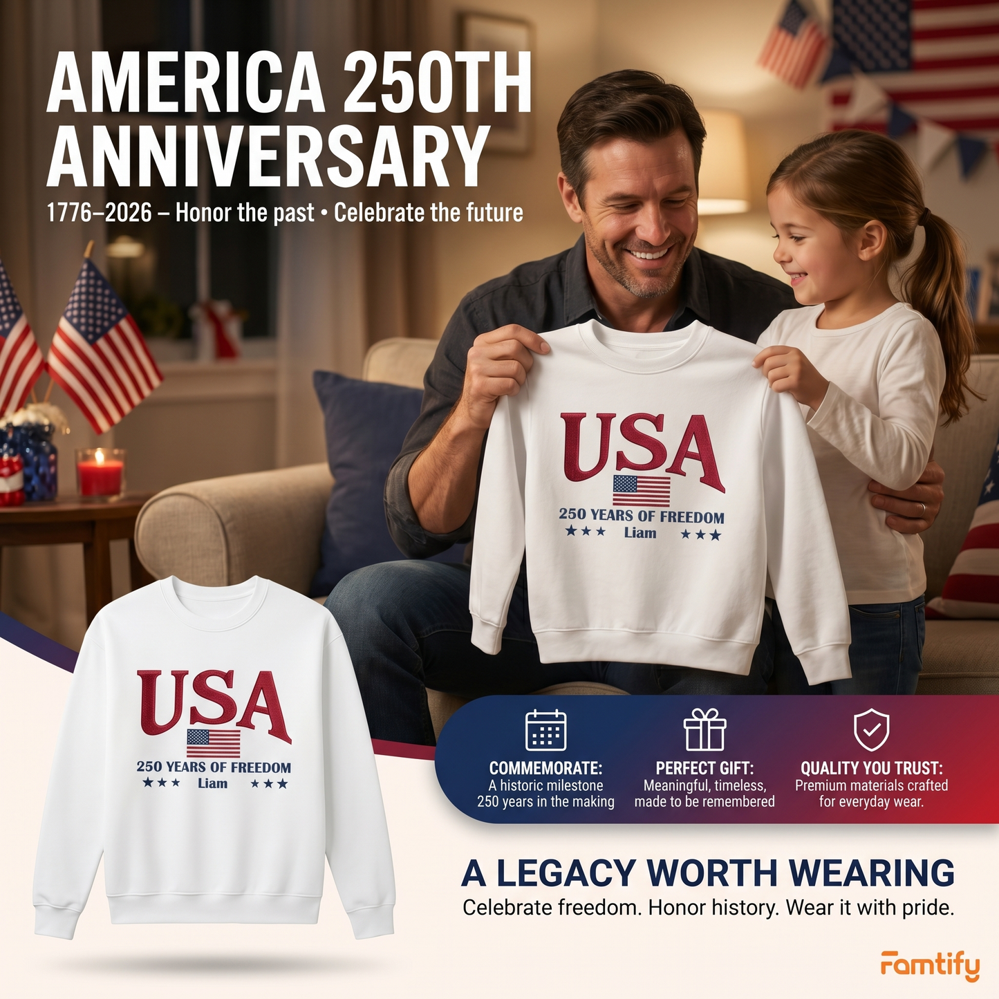USA 250th Anniversary Embroidered Sweatshirt - Celebrate Freedom Patriotic Gift