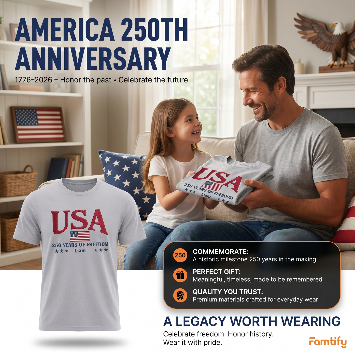 USA 250th Anniversary Embroidered T-Shirt - Celebrate Freedom Patriotic Gift