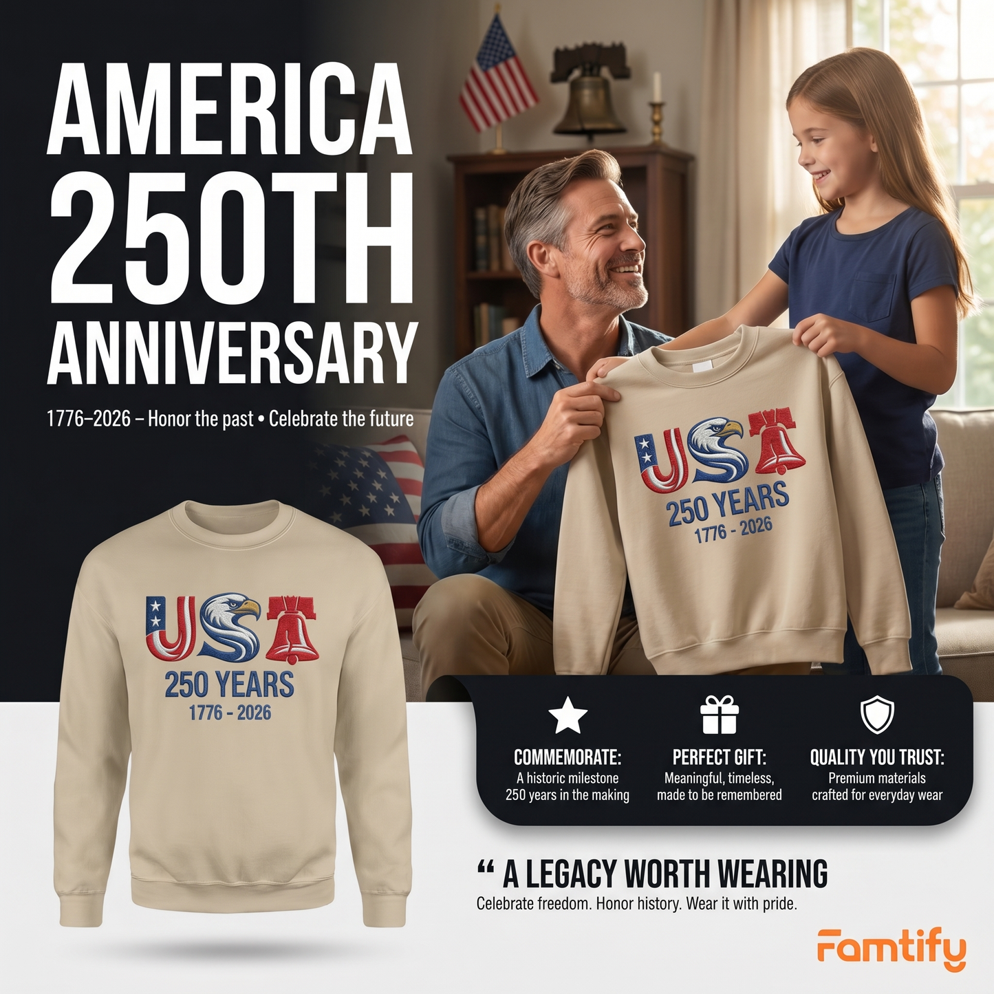USA 250 Years 1776–2026 Embroidered Sweatshirt - Patriotic Independence Day Crewneck