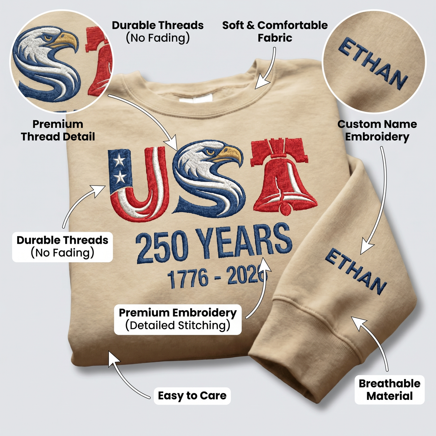 USA 250 Years 1776–2026 Embroidered Sweatshirt - Patriotic Independence Day Crewneck