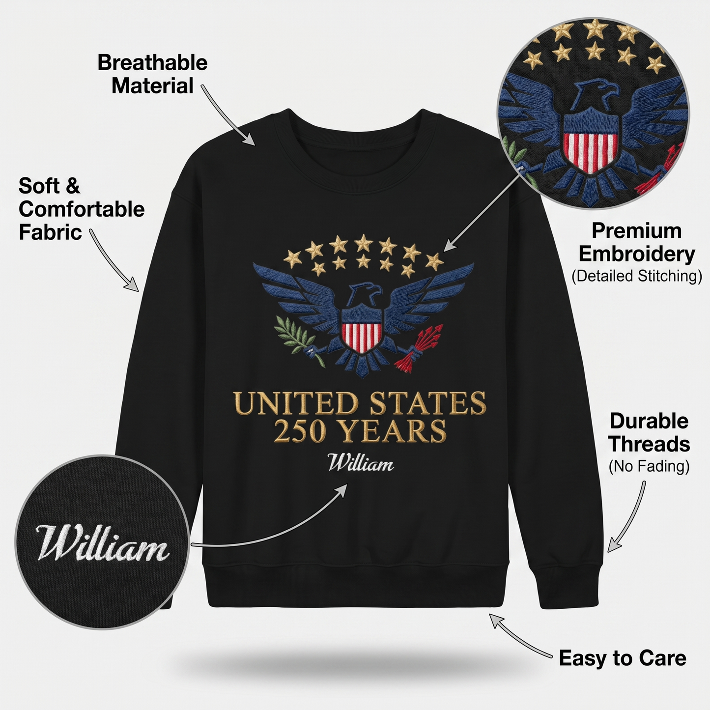 Custom Embroidered USA 250 Years Sweatshirt - Semiquincentennial Patriotic
