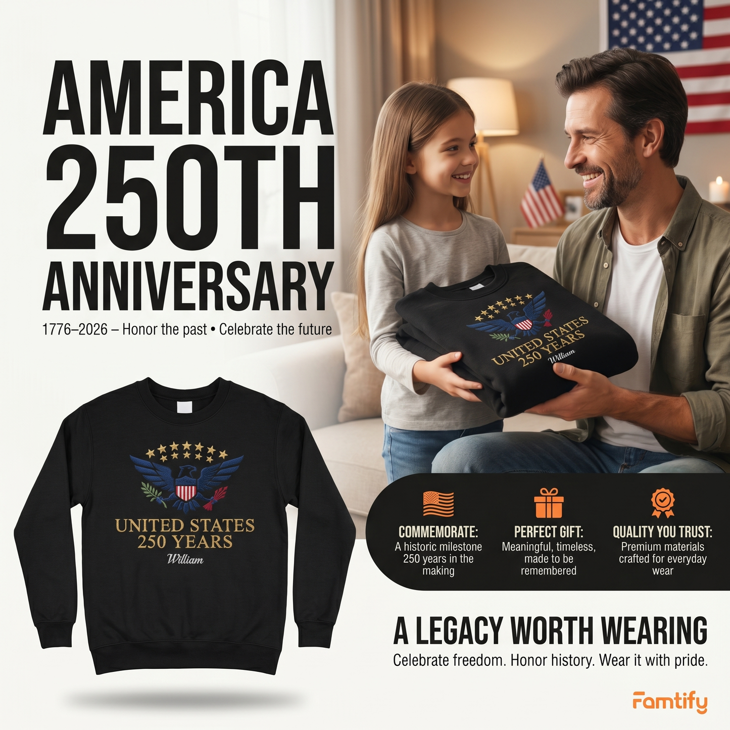 Custom Embroidered USA 250 Years Sweatshirt - Semiquincentennial Patriotic
