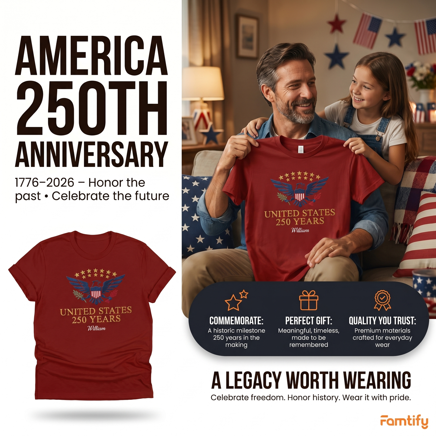 Custom Embroidered USA 250 Years T-Shirt – Semiquincentennial Patriotic Tee
