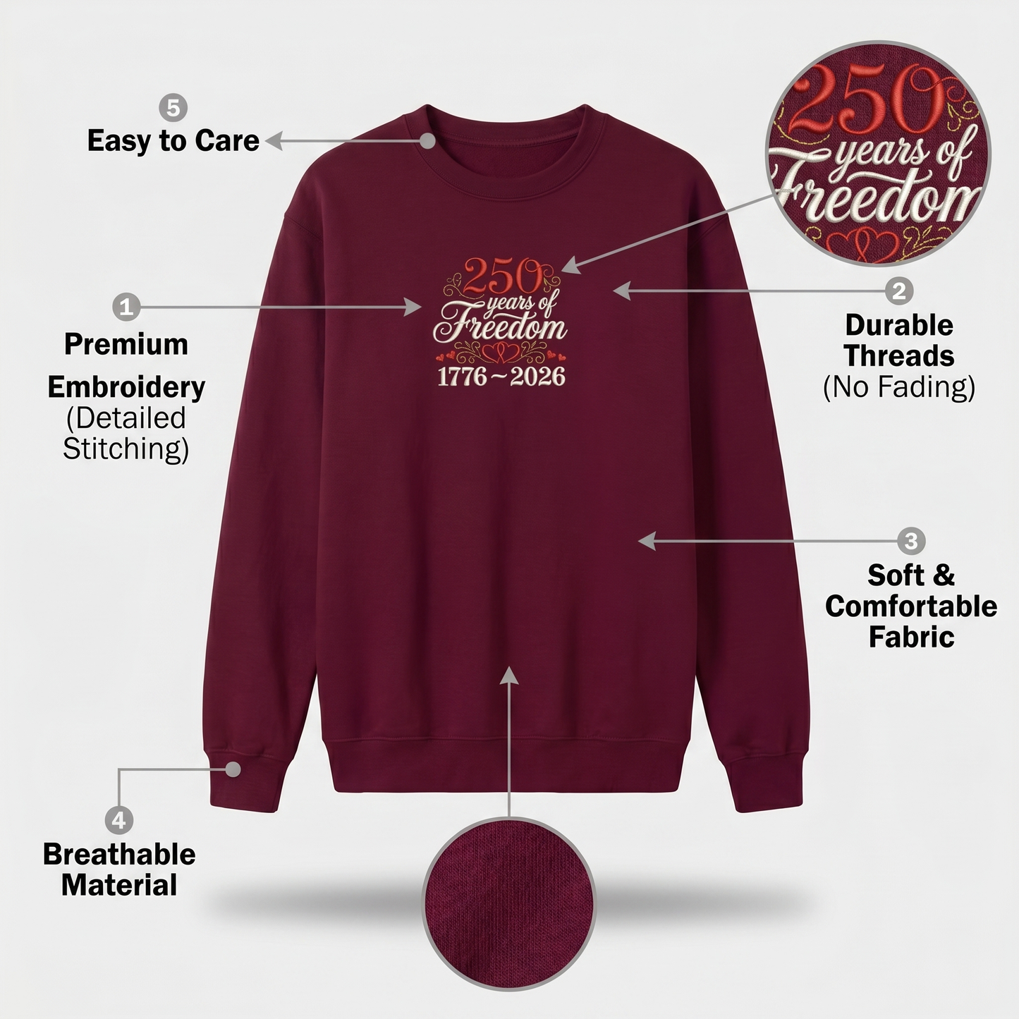 America 250 Years Of Freedom Embroidery Design, Independence Day 1776–2026 Embroidery File, America Birthday