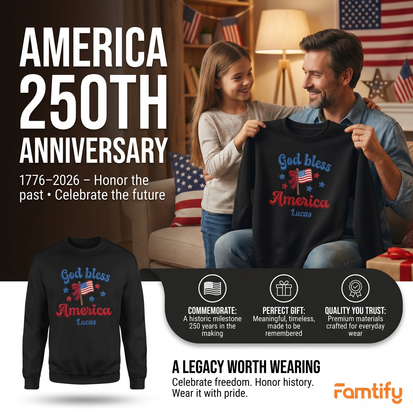 God Bless America - Patriotic USA Flag Sweater Design | Independence Day Embroidered Sweatshirt Graphic