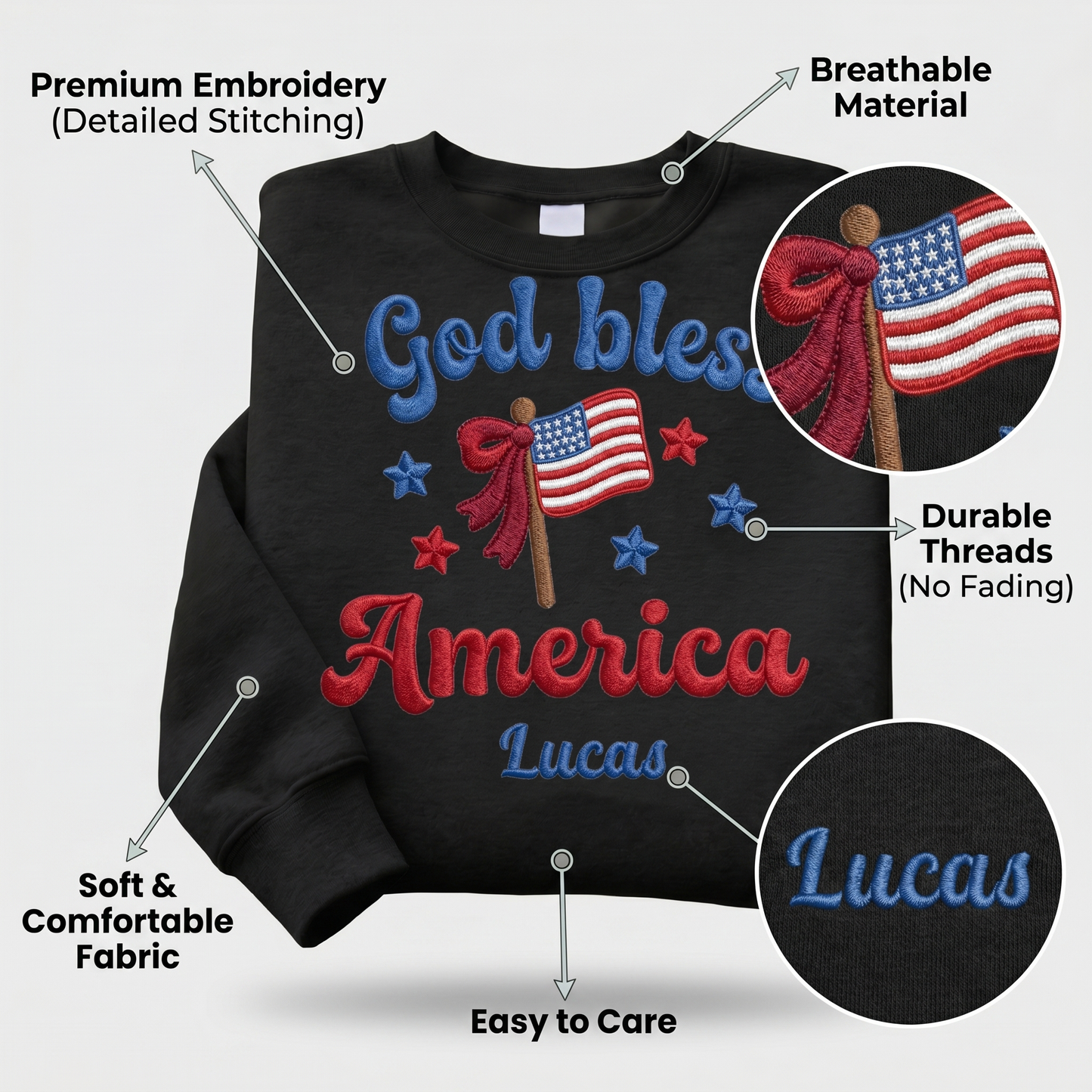 God Bless America - Patriotic USA Flag Sweater Design | Independence Day Embroidered Sweatshirt Graphic