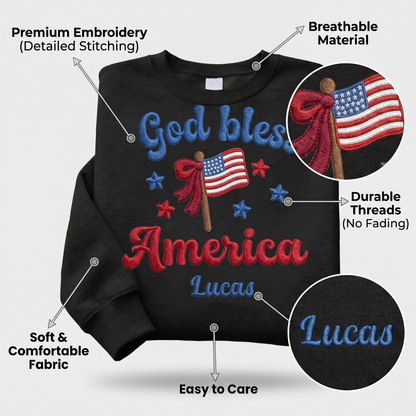 God Bless America - Patriotic USA Flag Sweater Design | Independence Day Embroidered Sweatshirt Graphic