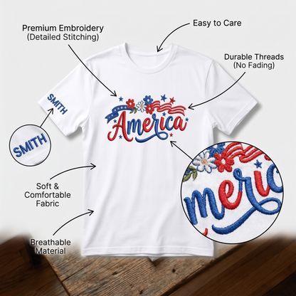 Floral America - Patriotic USA Flag with Flowers T-Shirt Design