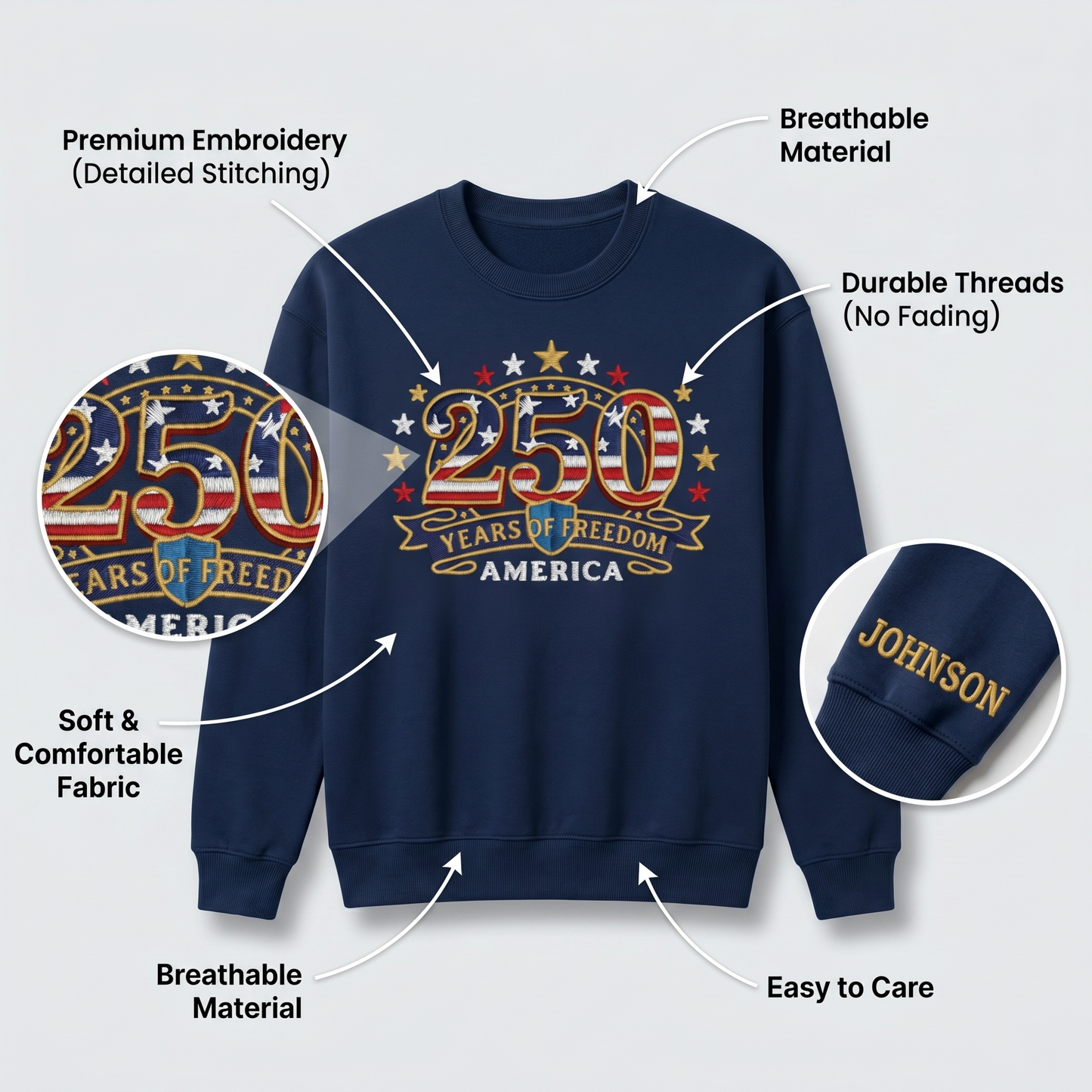 America 250th Anniversary – Patriotic USA Embroidery Sweatshirt Design