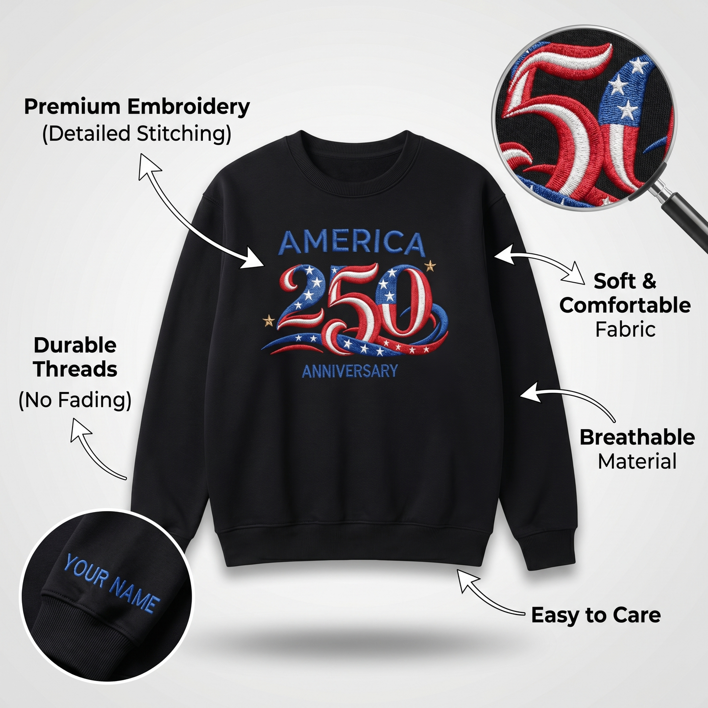 America 250 Anniversary Embroidery Design - USA 250th Birthday Red White Blue Stitch