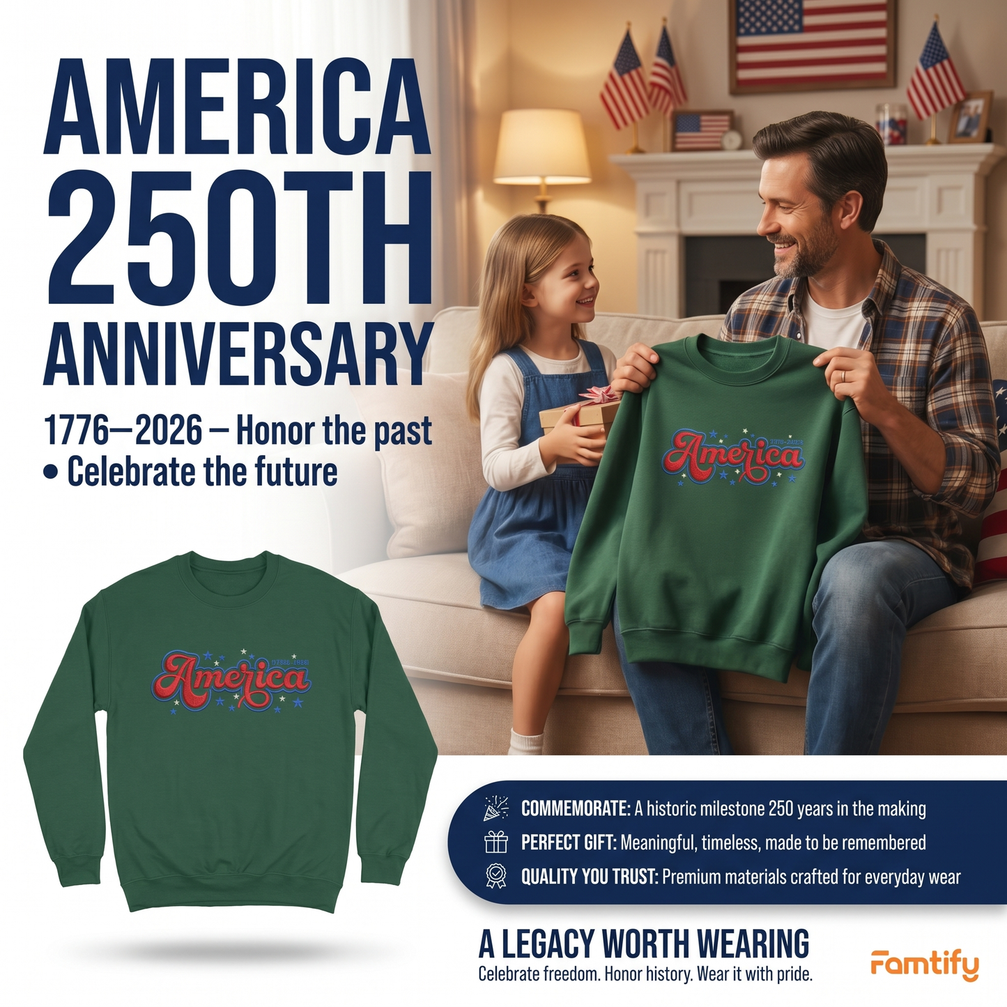 USA 250 Freedom - Embroidered Sweater 1776-2026 Patriotic Pullover
