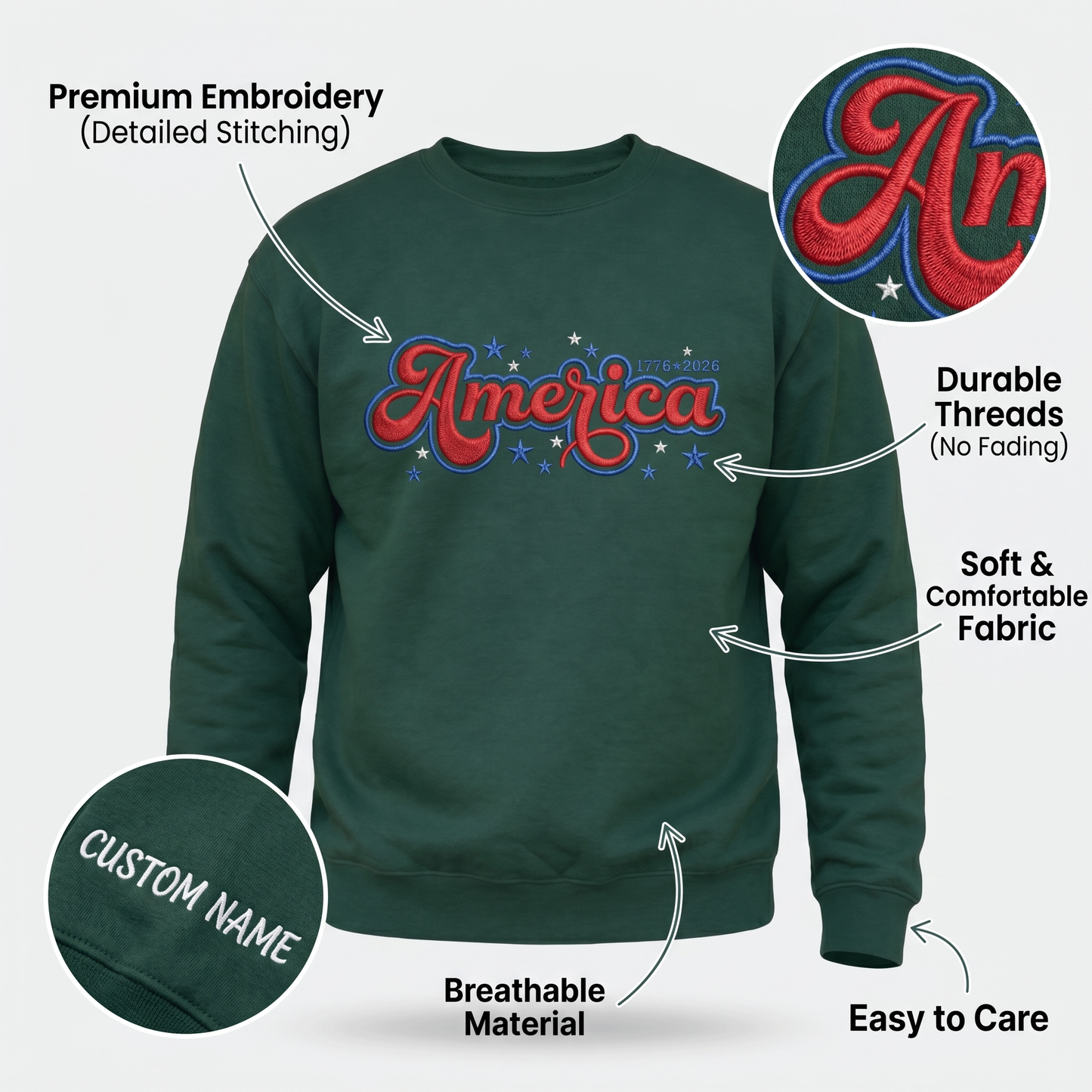 USA 250 Freedom - Embroidered Sweater 1776-2026 Patriotic Pullover