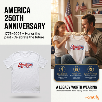 USA 250 Freedom - Embroidered T-Shirt 1776-2026 Patriotic Design