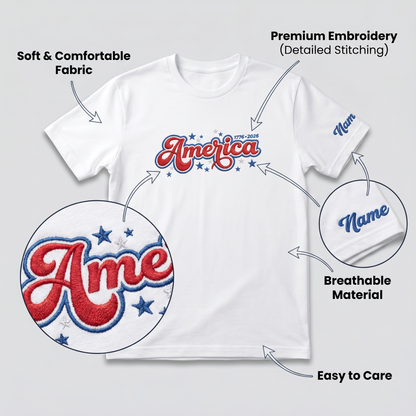 USA 250 Freedom - Embroidered T-Shirt 1776-2026 Patriotic Design