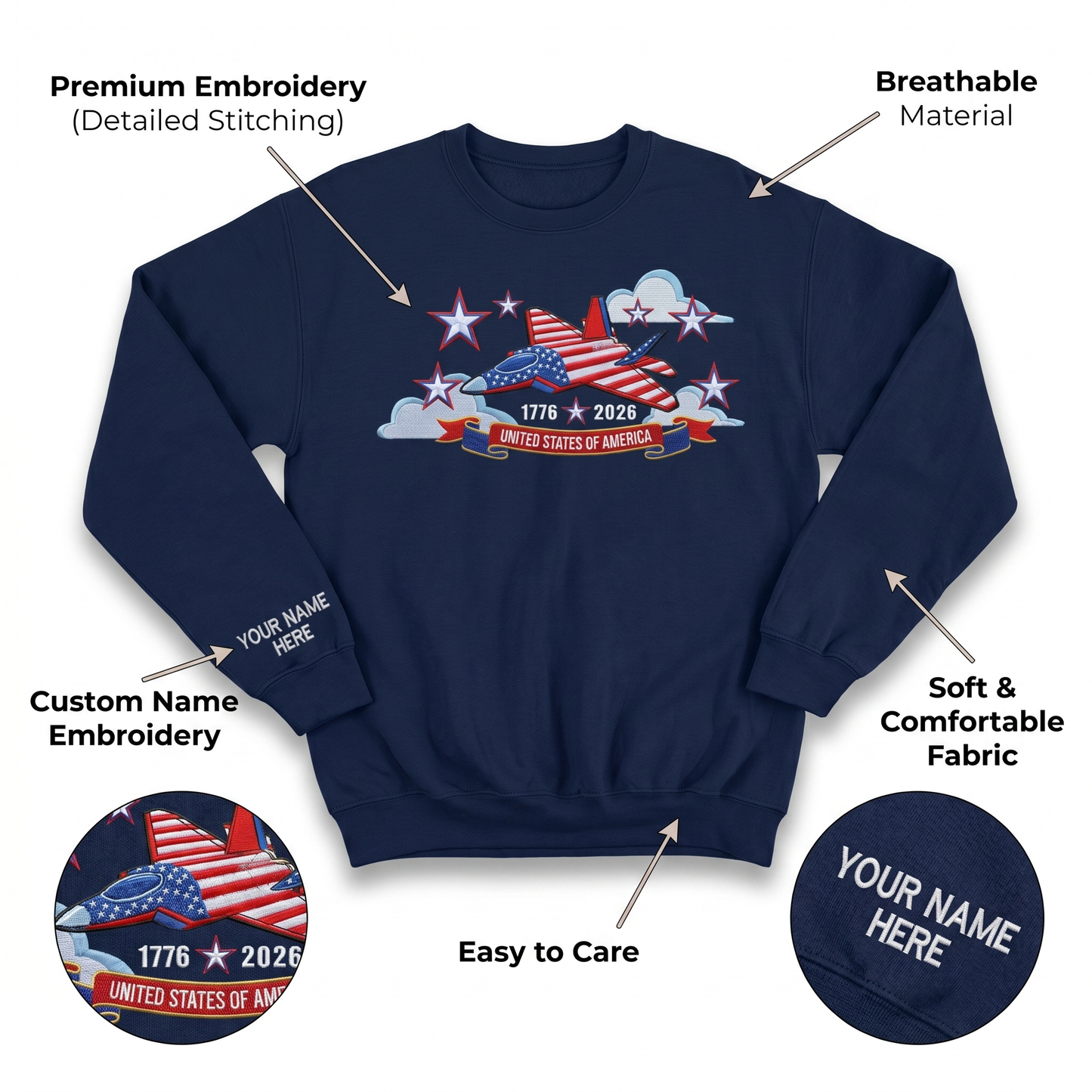 USA 250th Anniversary - Embroidered Sweatshirt 1776-2026 250 Years of Freedom