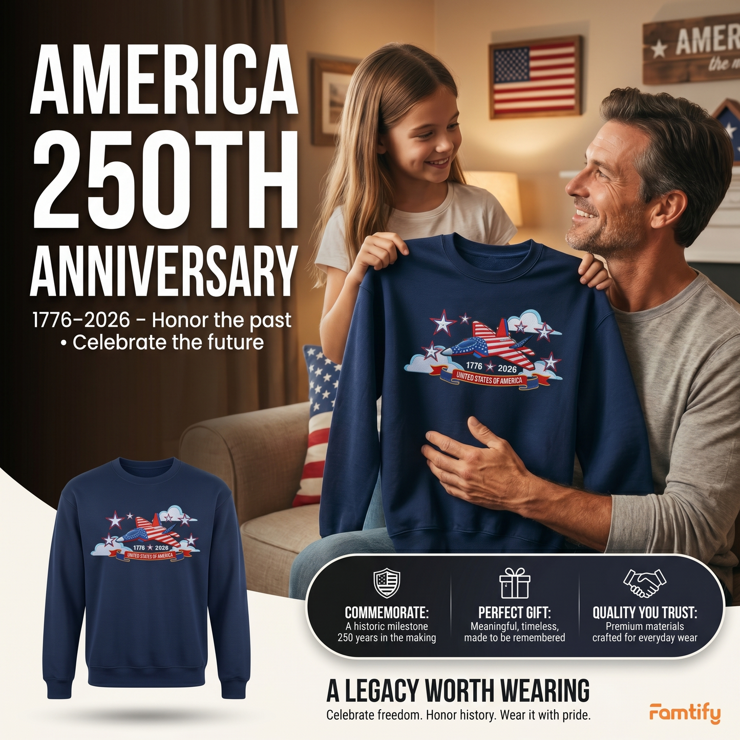 USA 250th Anniversary - Embroidered Sweatshirt 1776-2026 250 Years of Freedom
