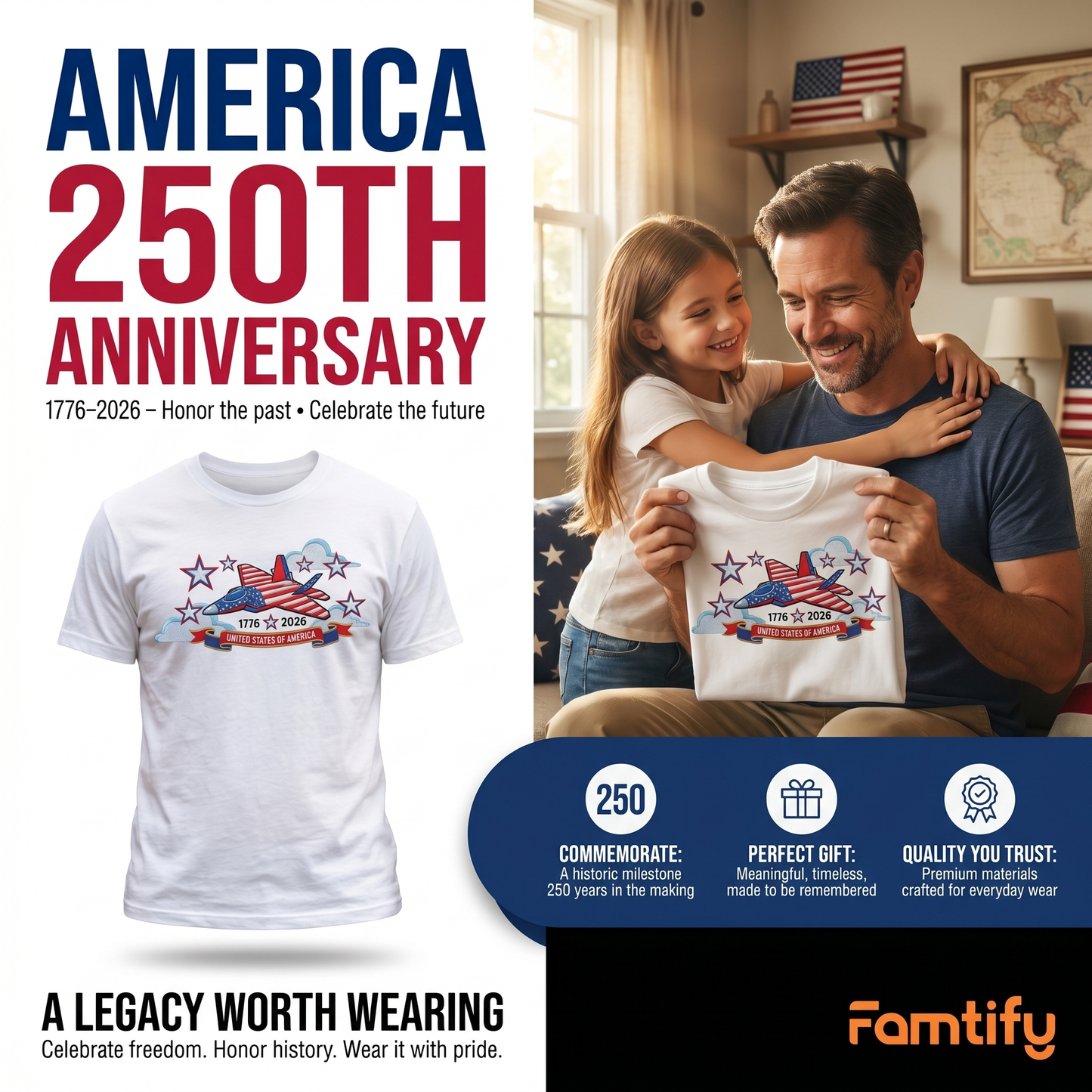 USA 250th Anniversary - Embroidered T-Shirt 1776-2026 250 Years of Freedom